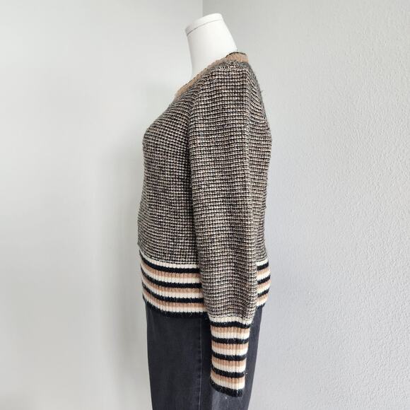 Vintage 90s Y2K Tan Black Knit Crew Neck Sweater Minimalist Fall Pullover L - Picture 5 of 10